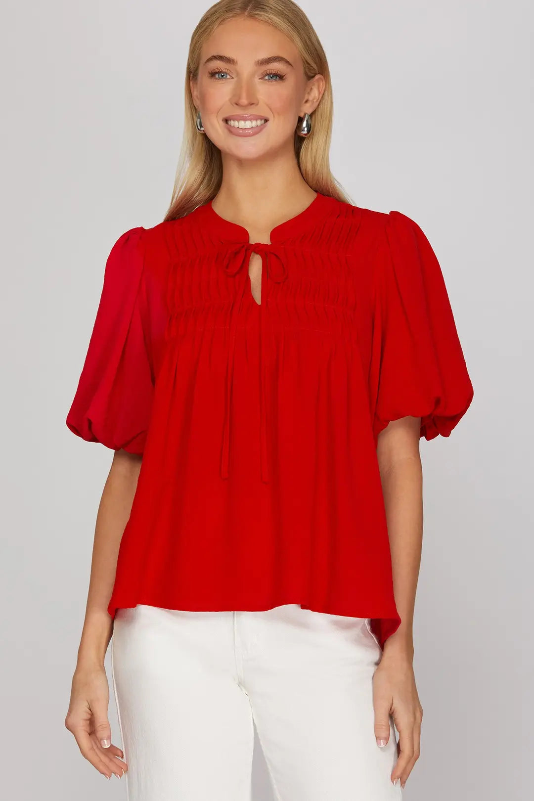 Pintuck Puff Sleeve Top | Red