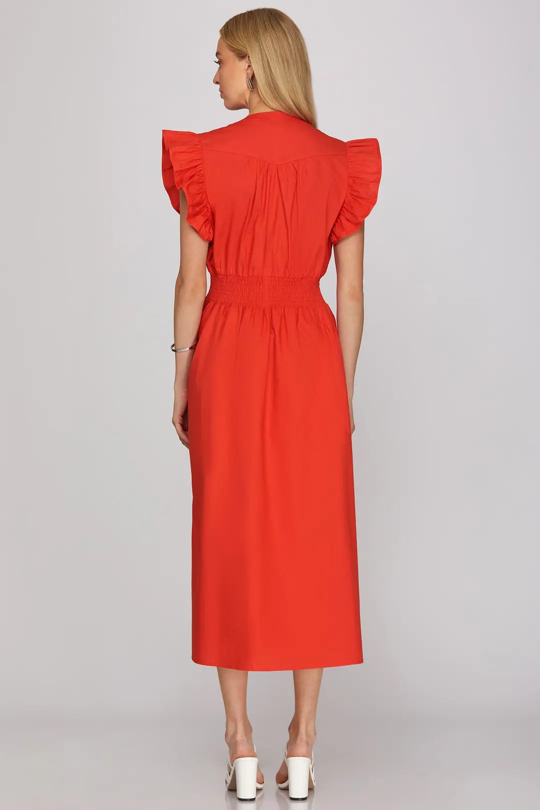Flutter Sleeve Zip Midi Dress | Red
