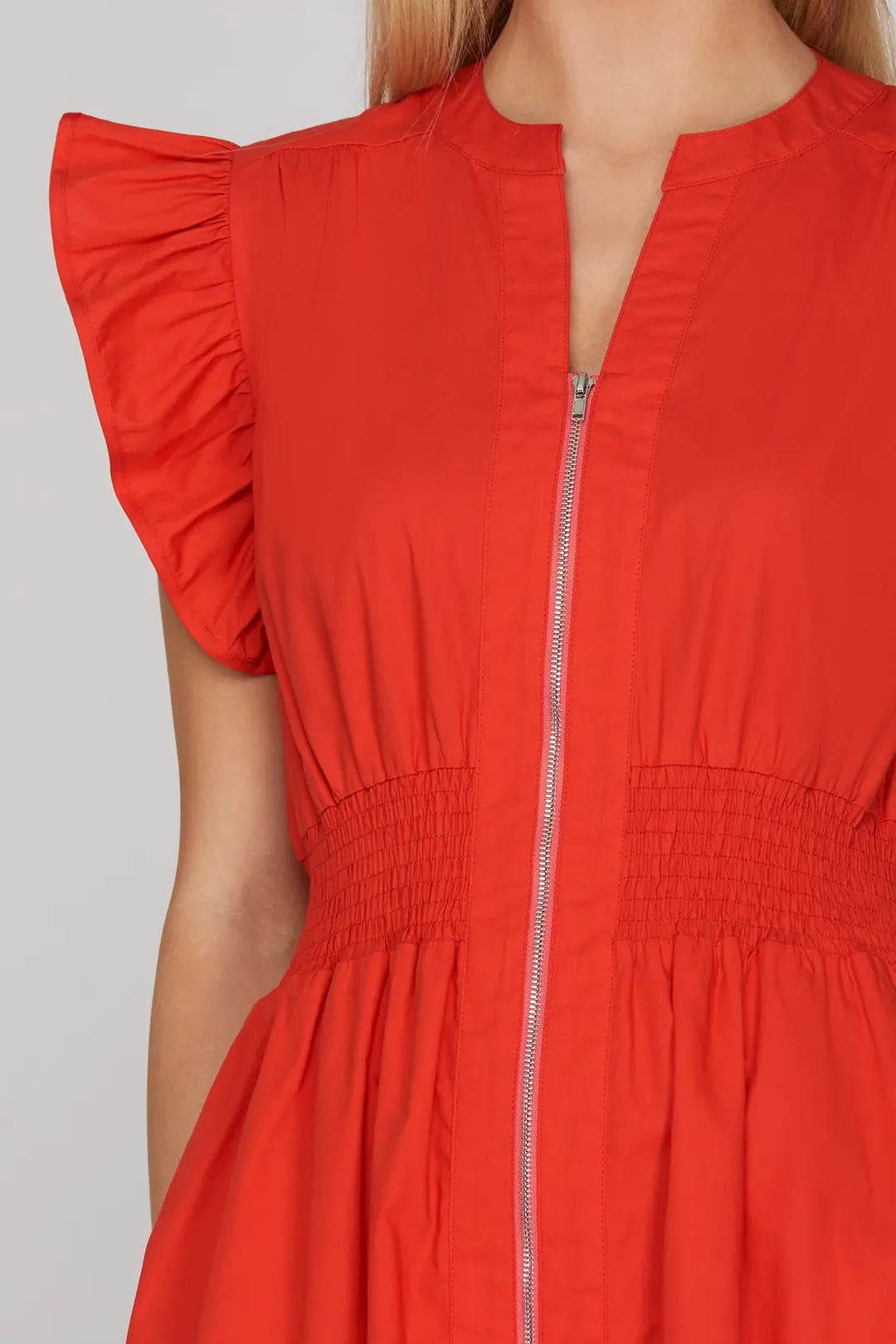 Flutter Sleeve Zip Midi Dress | Red