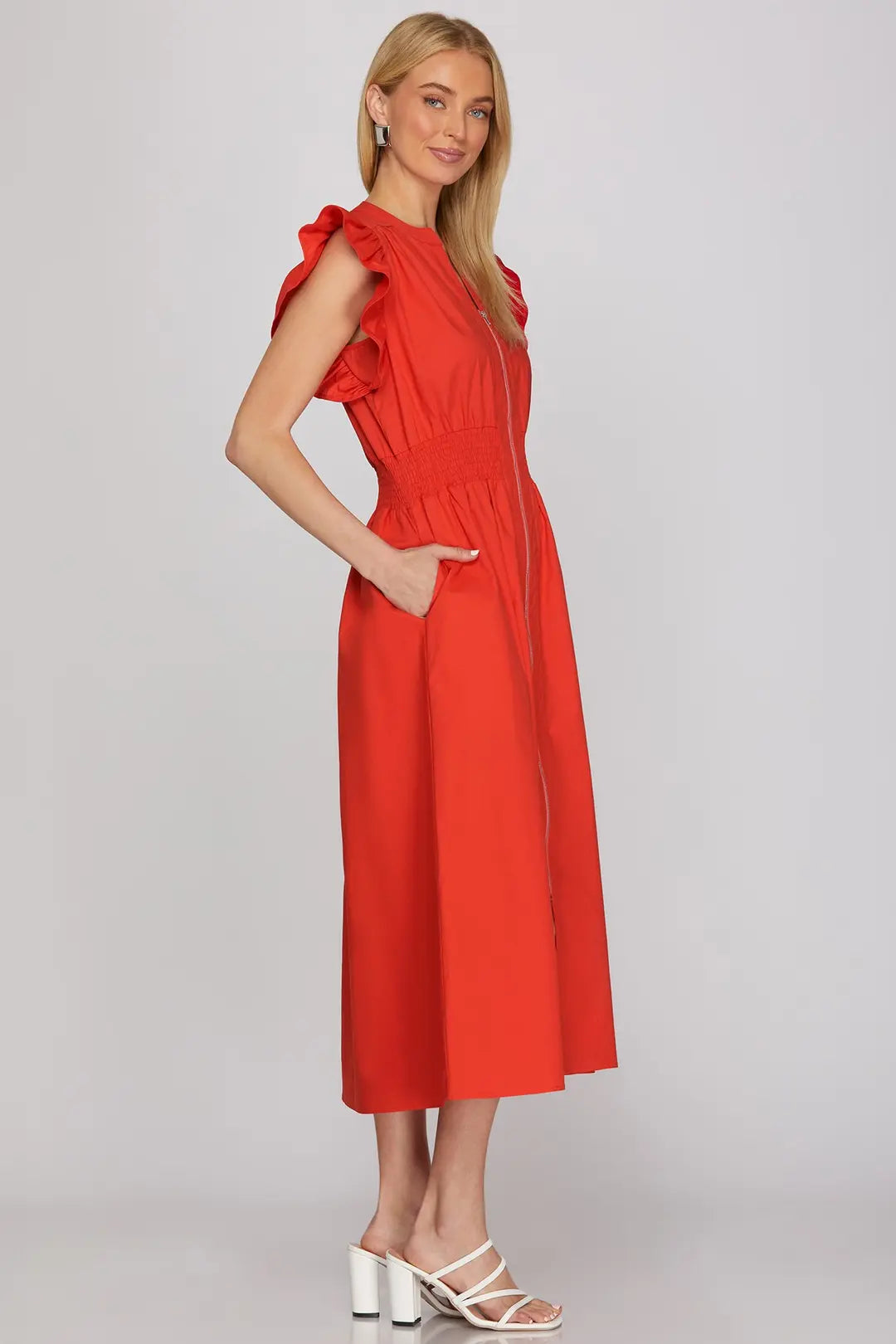 Flutter Sleeve Zip Midi Dress | Red