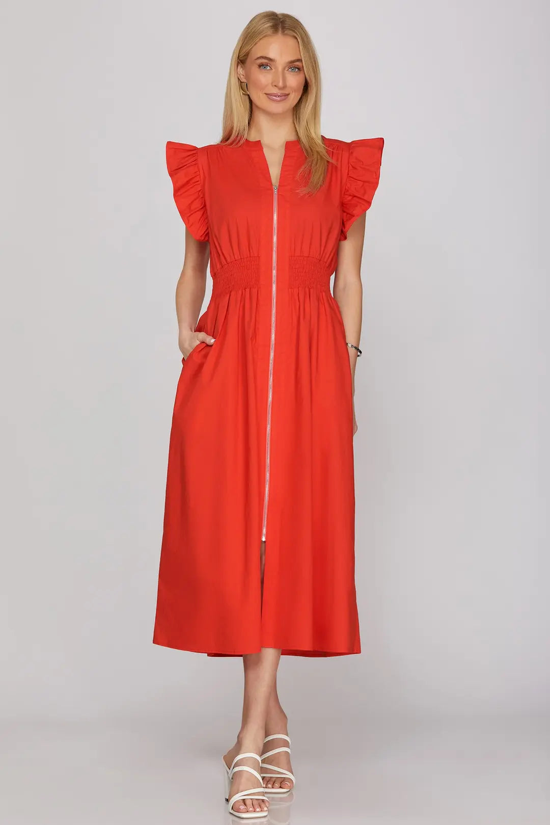 Flutter Sleeve Zip Midi Dress | Red