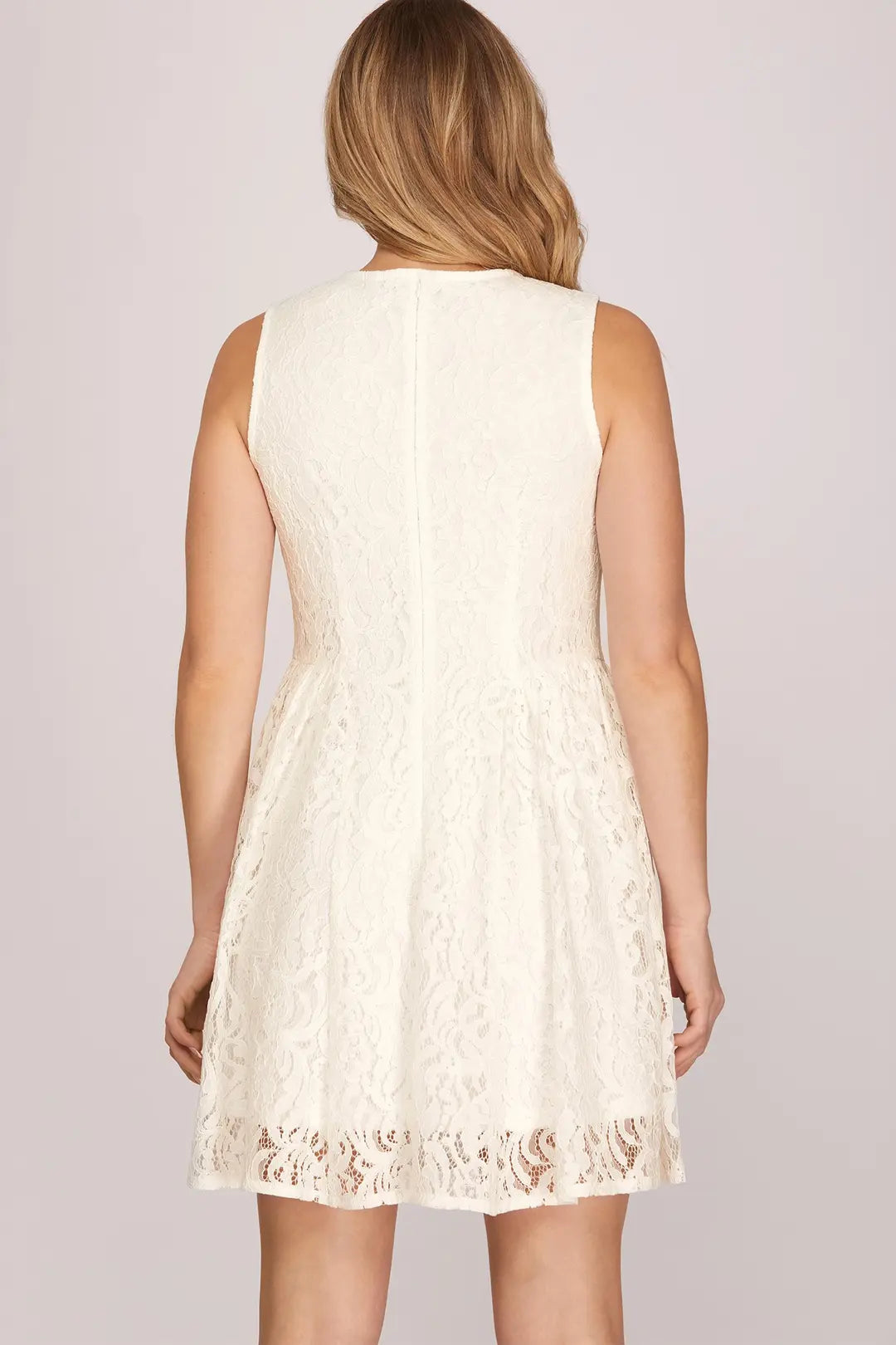 Sleeveless Fit and Flare Lace Dress | Off White