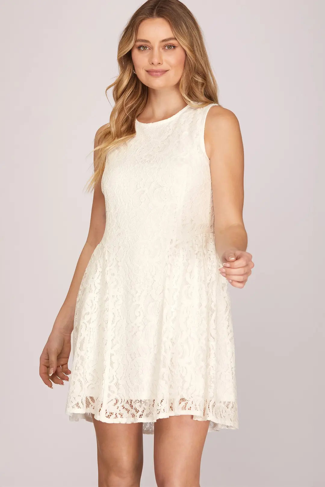 Sleeveless Fit and Flare Lace Dress | Off White