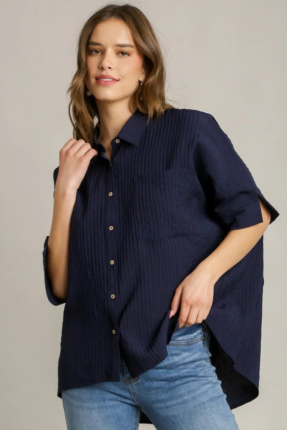 Pleated Batwing Button Up Top | Navy