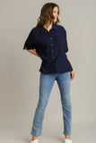 Pleated Batwing Button Up Top | Navy