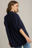 Pleated Batwing Button Up Top | Navy