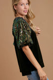 Velvet Sequin Puff Sleeve Top | Black