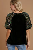 Velvet Sequin Puff Sleeve Top | Black