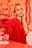 Velvet Pearl Ruffled Front Tie Top | Red