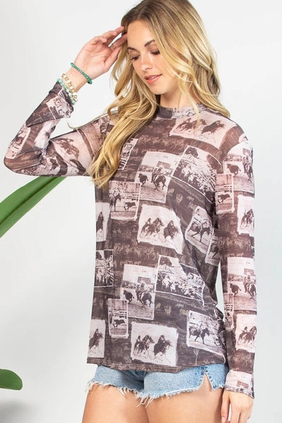 Western Rodeo Sheer Mesh Top | Brown