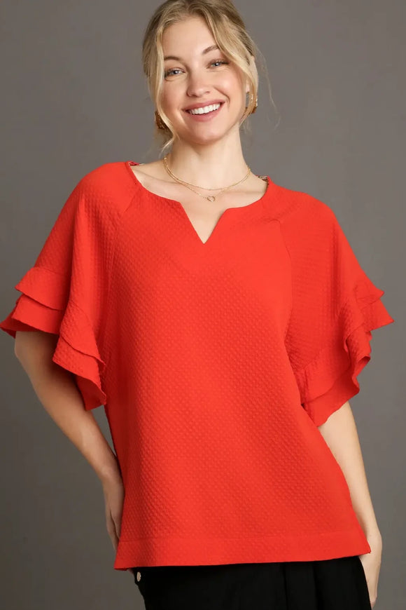 Boxy Jacquard Split Neck Ruffle Sleeve Top | Red