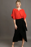 Boxy Jacquard Split Neck Ruffle Sleeve Top | Red