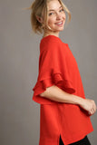 Boxy Jacquard Split Neck Ruffle Sleeve Top | Red