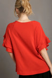 Boxy Jacquard Split Neck Ruffle Sleeve Top | Red