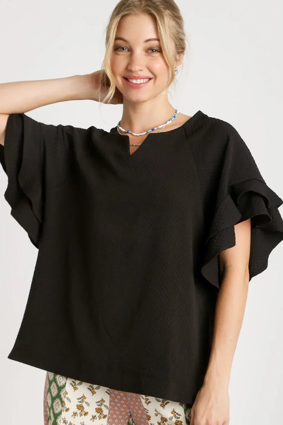 Boxy Jacquard Split Neck Ruffle Sleeve Top | Black