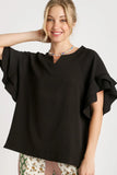Boxy Jacquard Split Neck Ruffle Sleeve Top | Black
