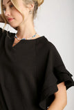 Boxy Jacquard Split Neck Ruffle Sleeve Top | Black