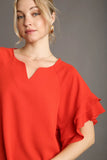 Boxy Jacquard Split Neck Ruffle Sleeve Top | Red
