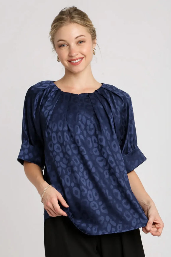 Satin Split Leopard Top | Navy