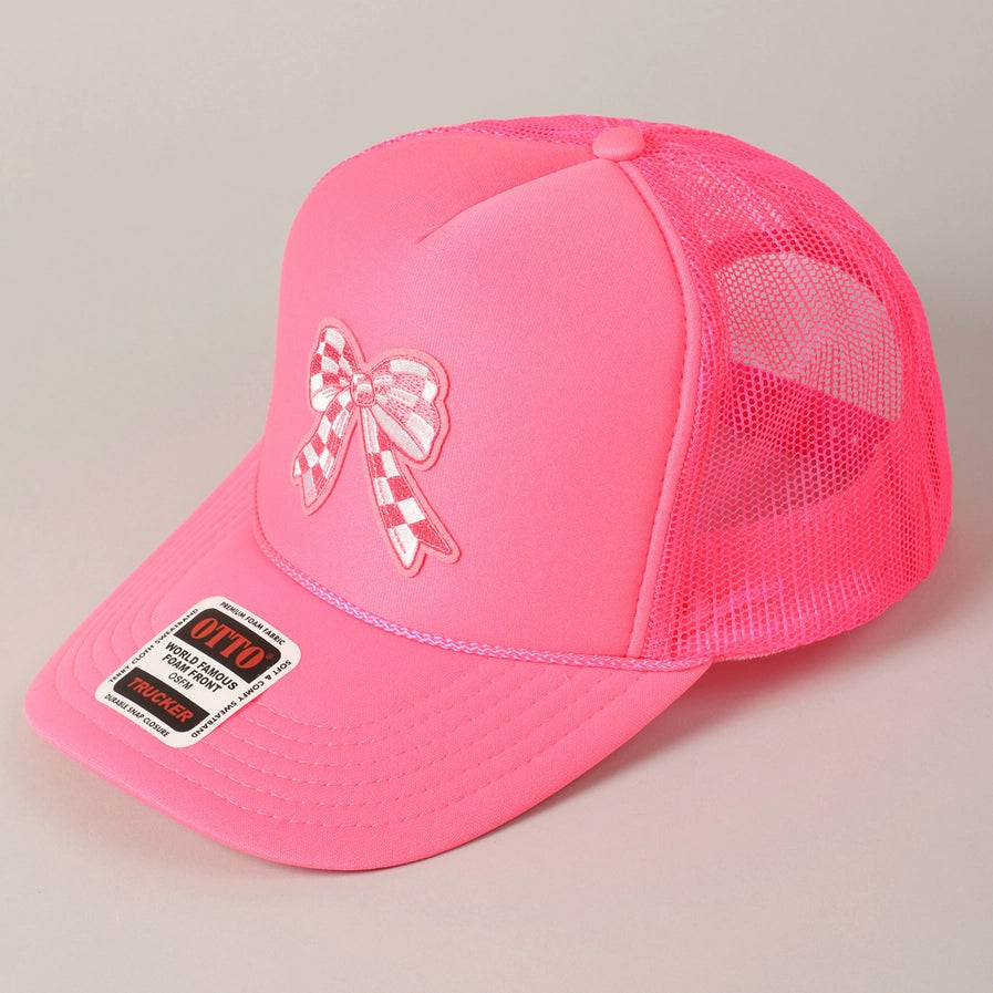 Checkered Bow Trucker Cap | Neon Pink