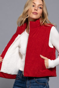 Corduroy Inner Faux Fut Puffer Vest | Chili Red