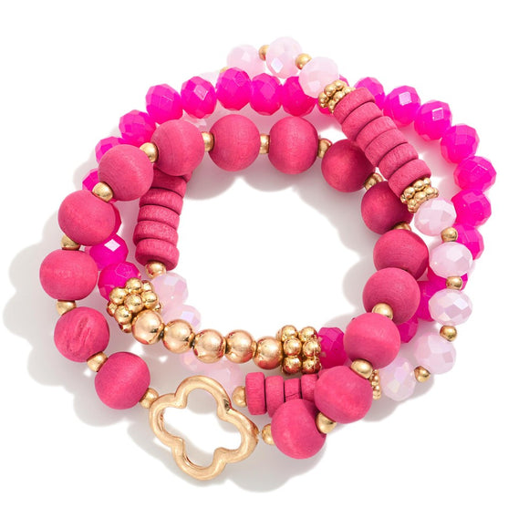 Beaded Wood Stretch Bracelet Set | Pink
