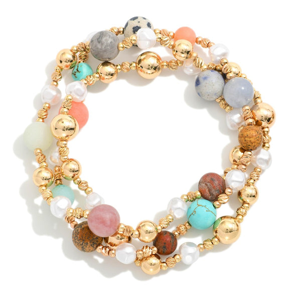 Stone Pearl Bracelet Set | Gold/Multi