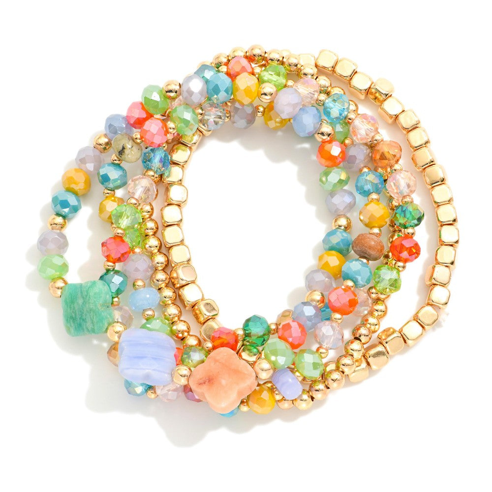 Stone Clover Beaded Bracelet Set | Gold/Multi