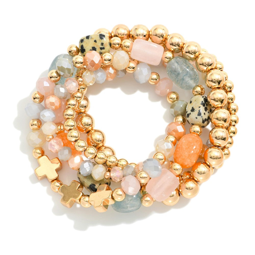 Cross Beaded Bracelet Set | Gold/Light Multi