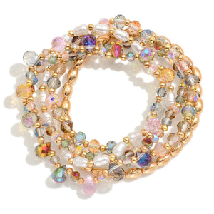 Crystal Pearls Beaded Bracelet Set | Gold/Light Multi