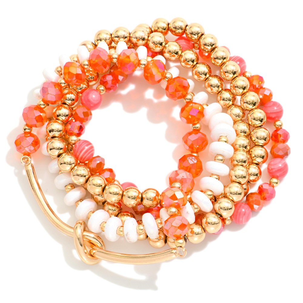 Wire Twist Beaded Bracelet Set | Gold/Coral