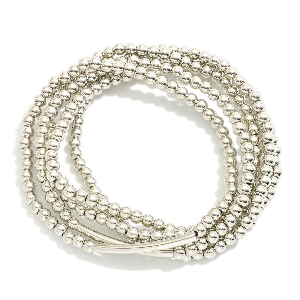 Metal Tube Beaded Bracelet Set | Silver