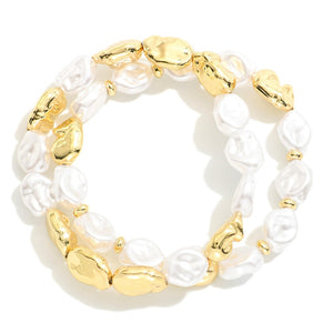 Baroque Pearl Metal Beaded Bracelet Set | Gold