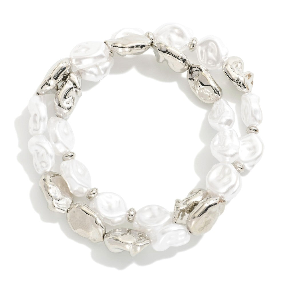 Baroque Pearl Metal Beaded Bracelet Set | Silver