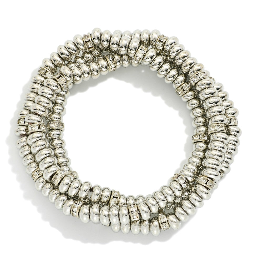 Disc Beed Stretch Bracelet Set | Silver