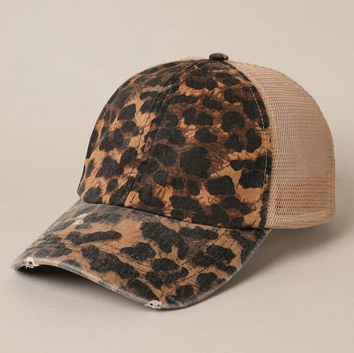 Leopard Distressed Mesh Baseball Cap | Beige