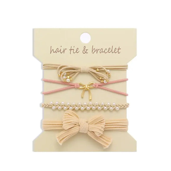 Boho Knot Hair Tie/Bracelet Set | Beige Bow