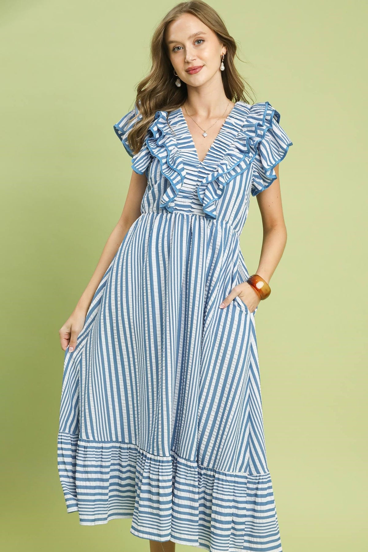 Striped V Neck Ruffle Midi Dress | Blue