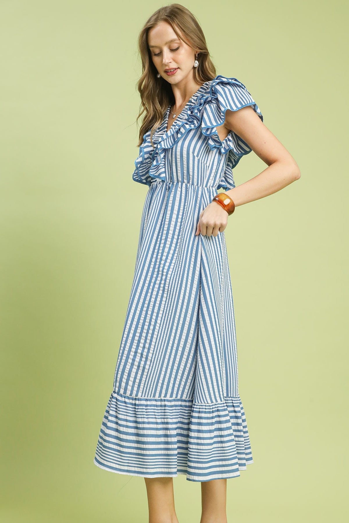 Striped V Neck Ruffle Midi Dress | Blue