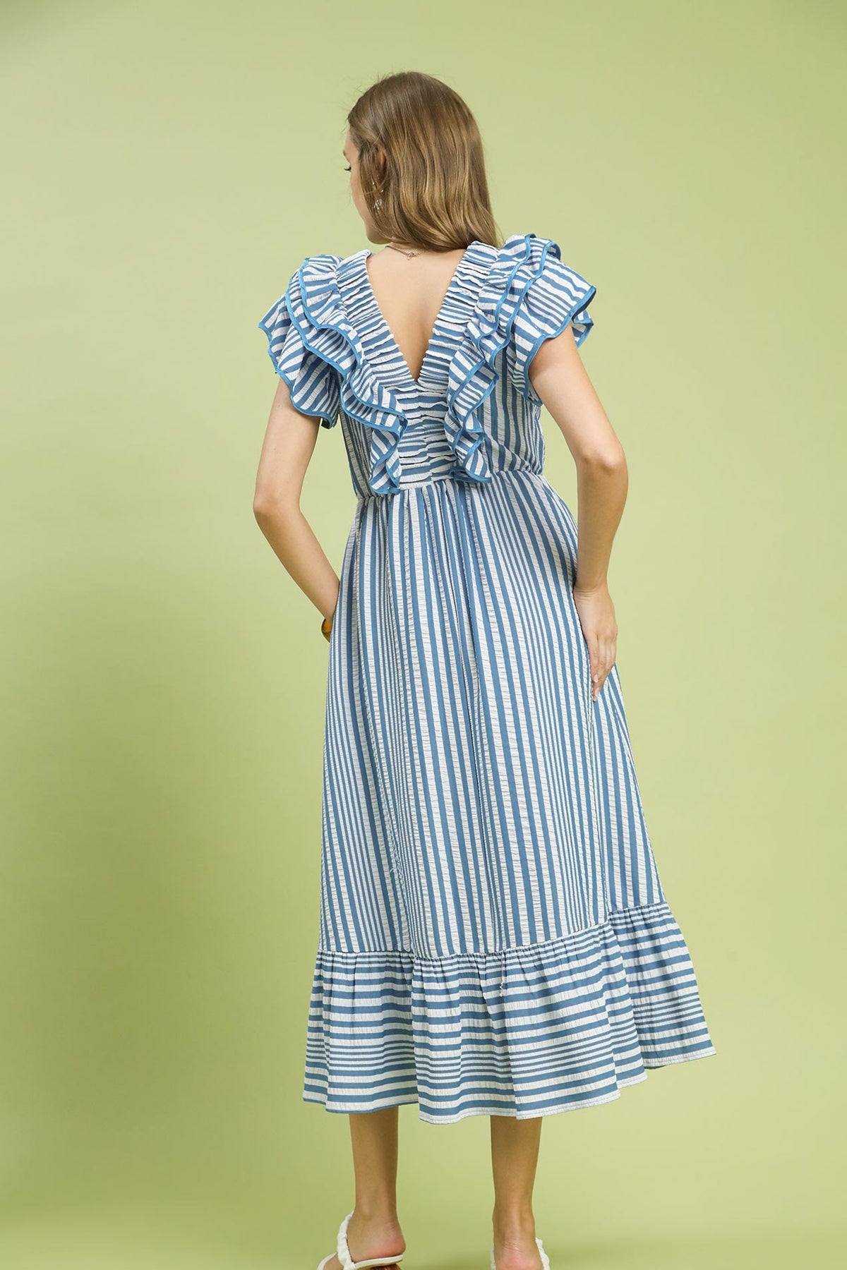 Striped V Neck Ruffle Midi Dress | Blue