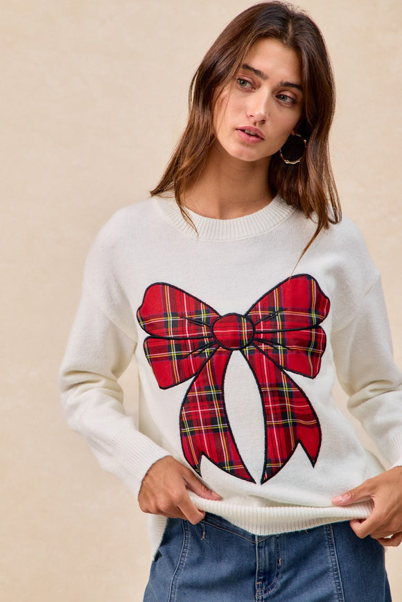 Plaid Ribbon Bow Sweater Top | Ivory