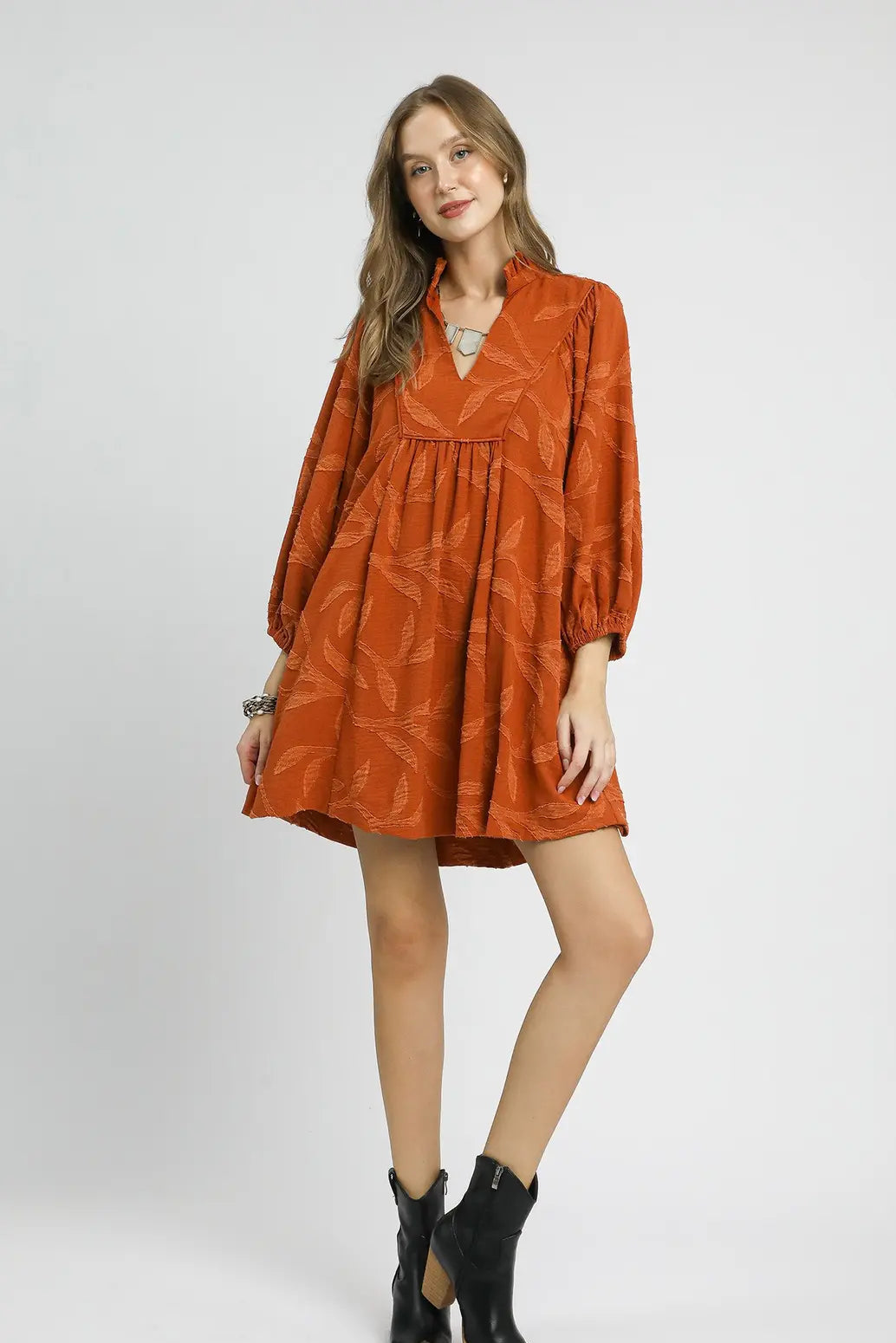 Jacquard High Ruffle Neck Dress | Rust