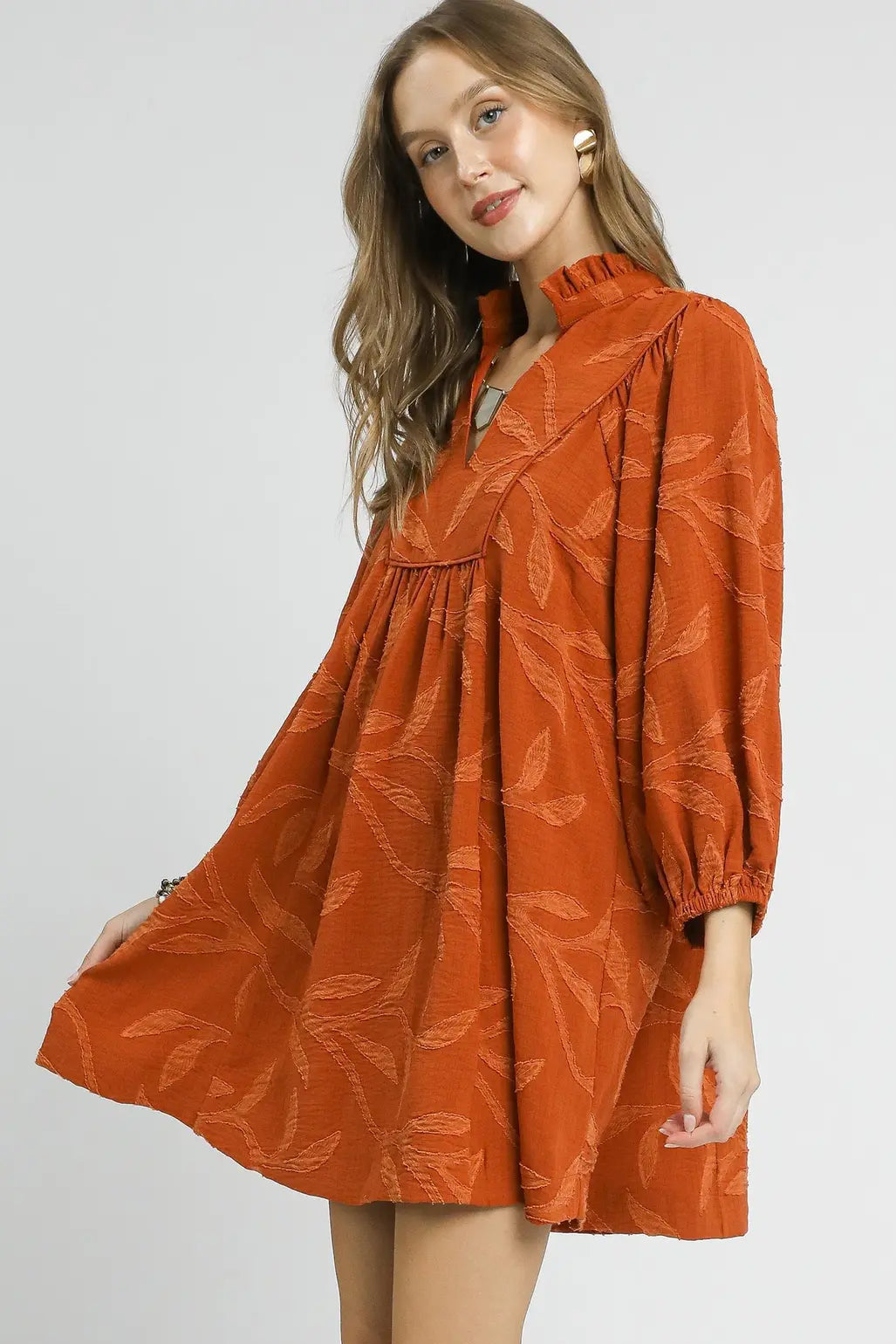 Jacquard High Ruffle Neck Dress | Rust