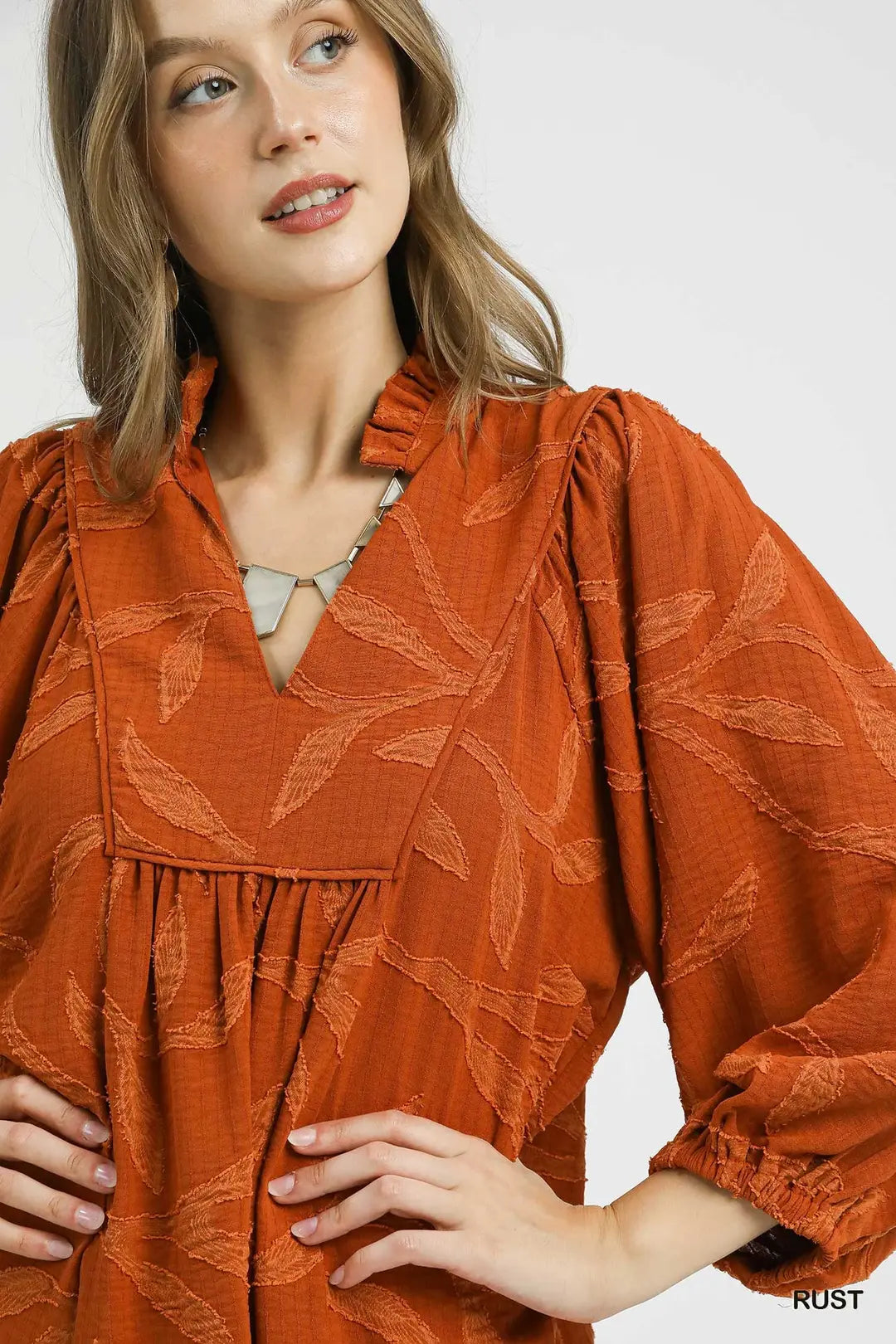 Jacquard High Ruffle Neck Dress | Rust