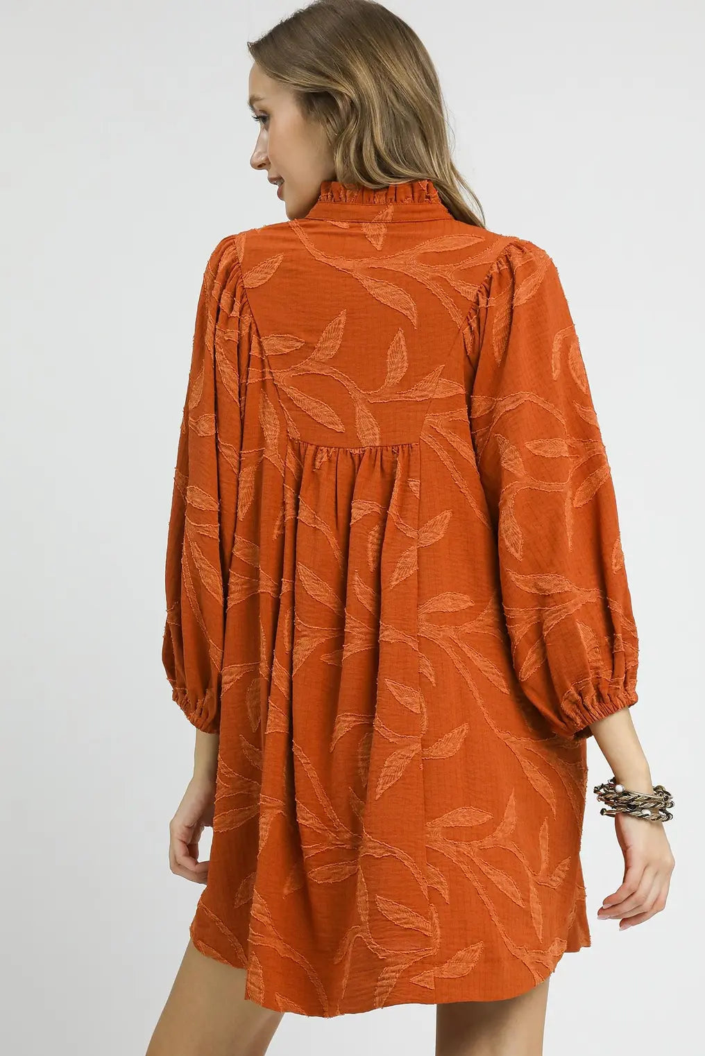 Jacquard High Ruffle Neck Dress | Rust