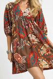 Abstract Puff Sleeve Babydoll Dress | Brown