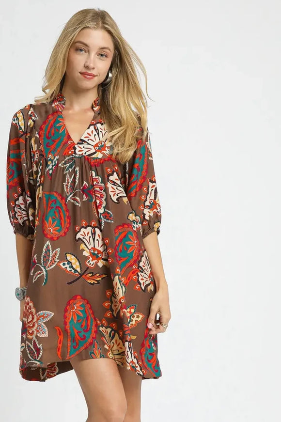 Abstract Puff Sleeve Babydoll Dress | Brown