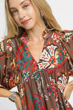 Abstract Puff Sleeve Babydoll Dress | Brown