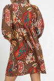 Abstract Puff Sleeve Babydoll Dress | Brown