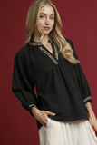 Leopard Trim V-Neck Top | Black
